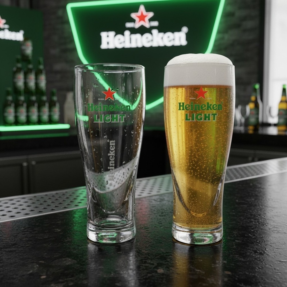 Heineken Light Beer Glasses, Set of 2, Red Star Design, 7.25" Tall, Glassware